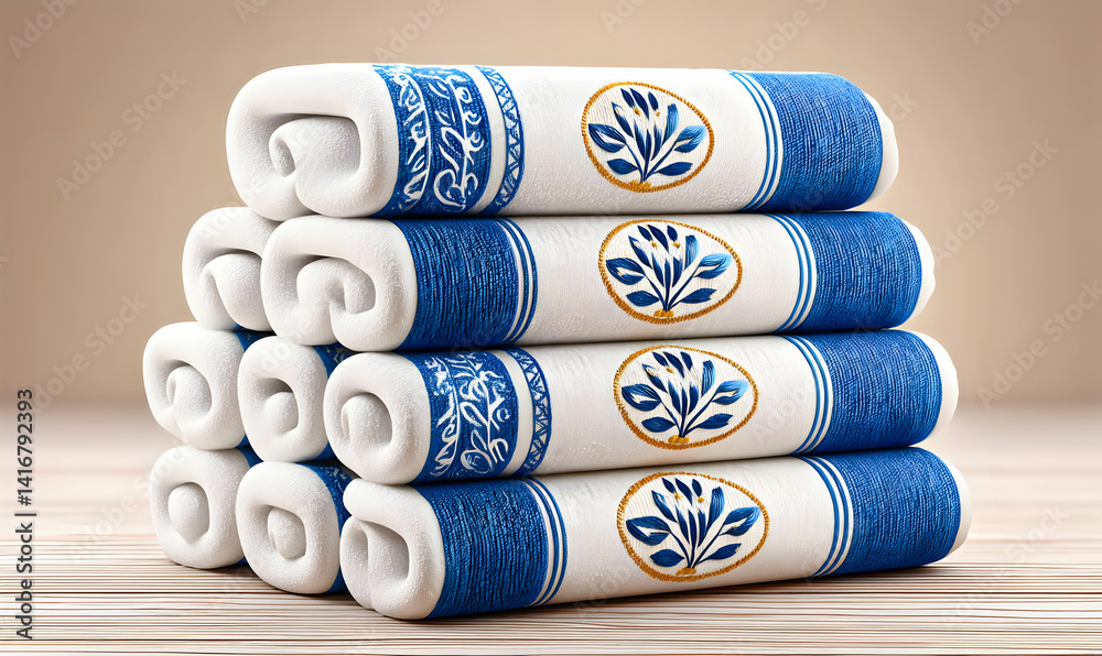 Clean Stack of Blue and White Embroidered Towels in High Resolution