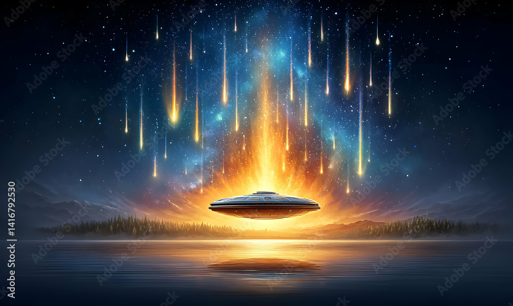 Stunning Cosmic Meteor Shower with UFO Over Beautiful Lake Scene