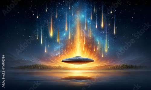 Obraz na płótnie Stunning Cosmic Meteor Shower with UFO Over Beautiful Lake Scene w salonie