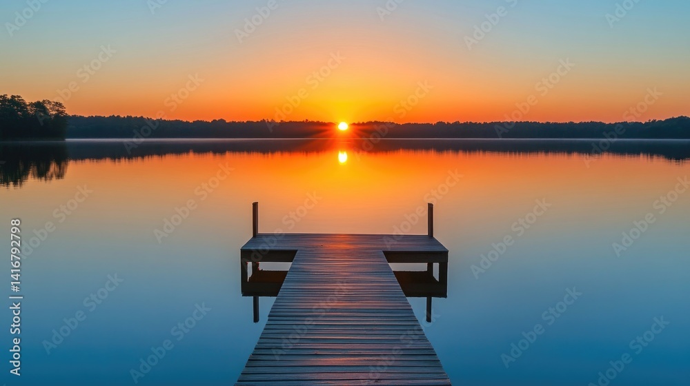 Obraz premium Tranquil lake sunset with dock reflections in calm waters