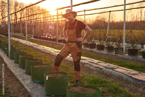 Obraz na płótnie Male gardener with hat working in a blueberries organic farm. w salonie