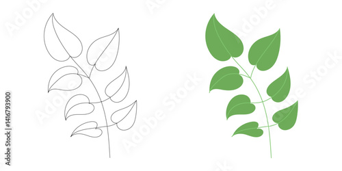 Bright green branch with smooth leaves in a clean style, ideal for botanical art, eco projects, garden visuals, and organic design concepts.