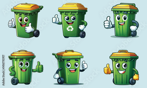 Cartoon Green Trash Bins with Happy Faces and Thumbs Up for Recycling and Waste Awareness