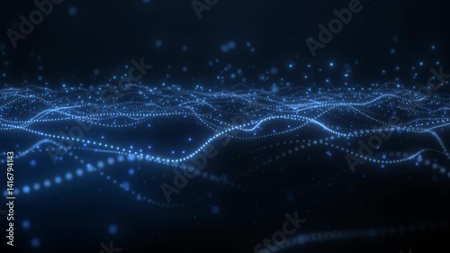 Abstract digital dynamic particle waves. Animation background. Light abstract background waves of particles. Abstract glowing digital cyber wave composed of particles and dots.  Big data visualization