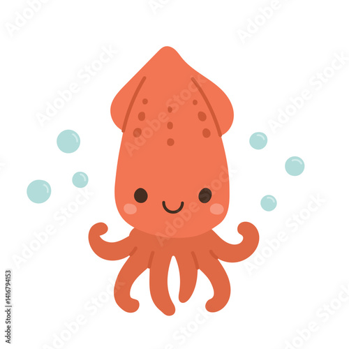 Smiling red squid with waving tentacles and bubbles, a fun cartoon sea creature for marine graphics, underwater scenes, and playful animal designs.