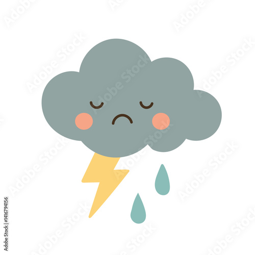 Sad thundercloud with lightning bolt and raindrops, designed for weather icons, gloomy mood graphics, storm alerts, and educational weather art.