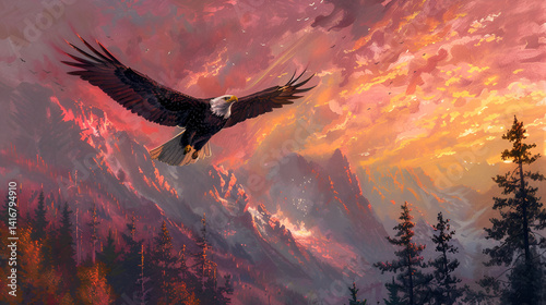 A bald eagle soaring over a mountainous landscape at sunset with a colorful and dramatic sky above it