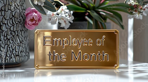 Polished gold plaque honoring employee of the month.