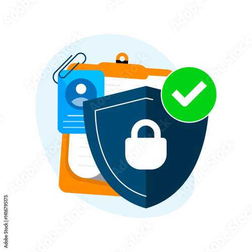 User data protection concept illustration. ID document and shield icon for strong privacy, cyber security, and personal information safety. Secure identity verification, encryption, GDPR compliance