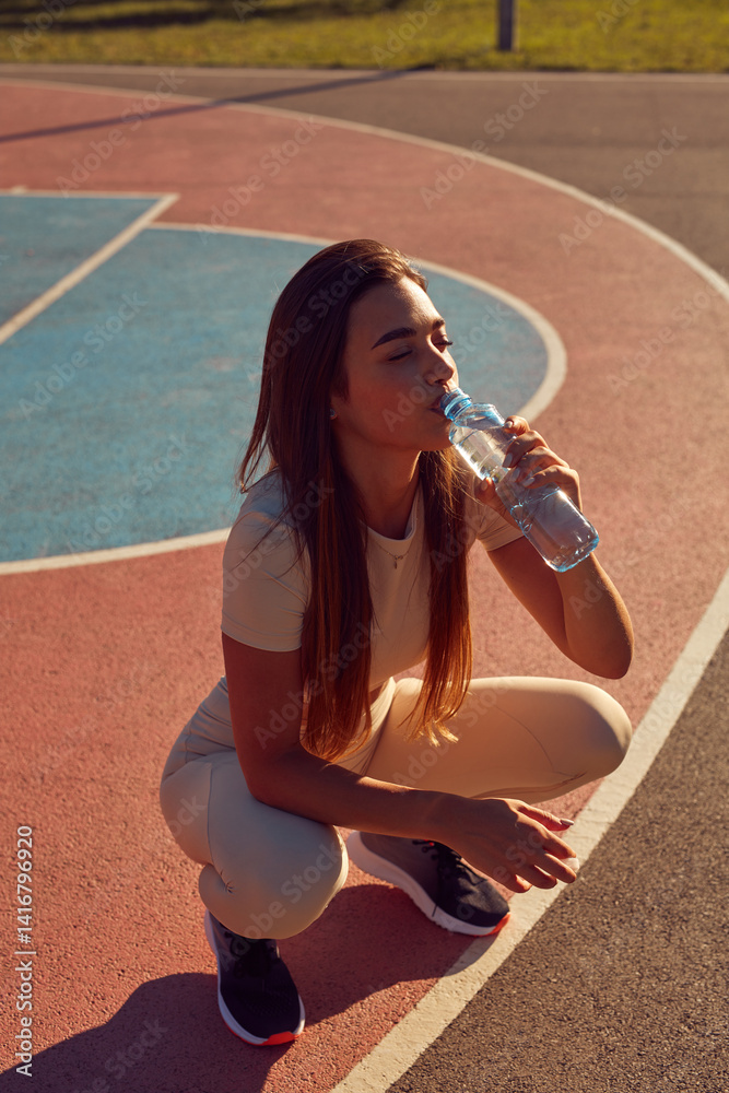 Young woman drinking water after jogging and exercise in urban park.