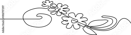 Poppy flowers in continuous line art drawing style. Doodle floral border with two flowers blooming among grass. Minimalist black linear design isolated on white background. Vector illustration Flower