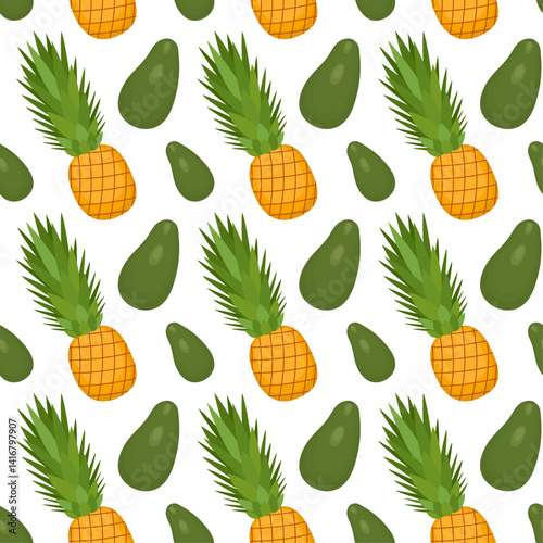 Seamless pattern with fruits for gift bag. Yellow pineapple with long green leaves and green avocado on white background. Tropical print for packaging and wrapping paper. Ornament for fabric.