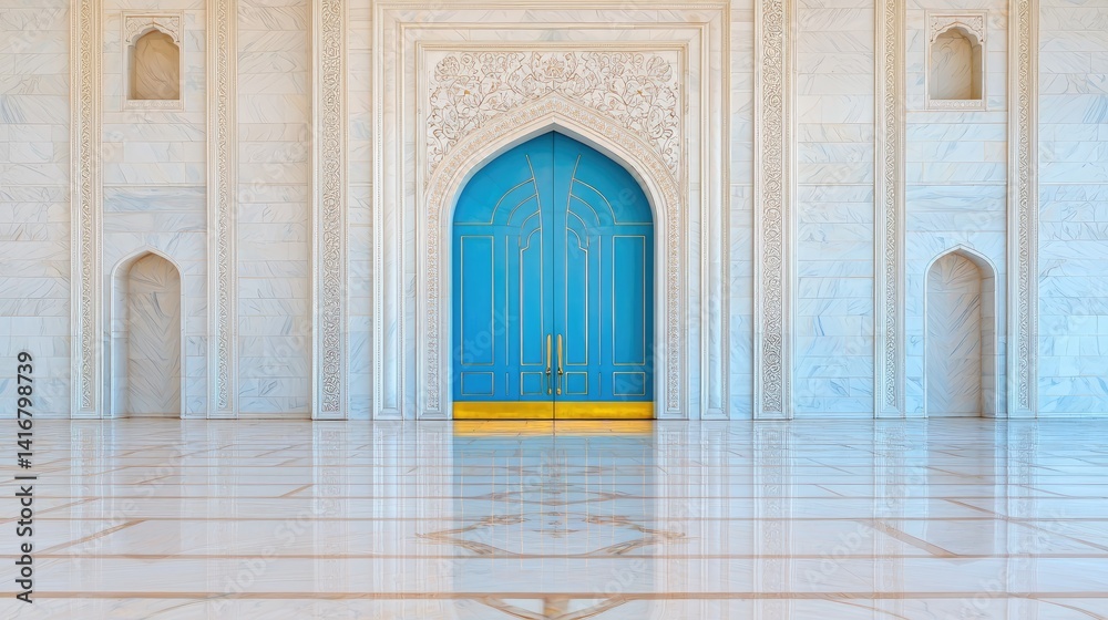 Fototapeta premium Serene teal door in white architectural interior
