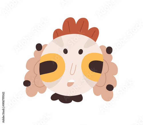 Quirky character, whimsical face avatar. Funny bizarre fiction portrait, shocked surprised expression. Abstract fantasy user profile, head. Flat vector illustration isolated on white background