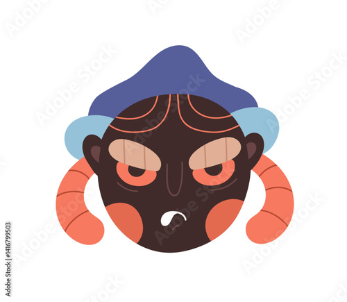 Angry monster, face avatar. Quirky bizarre head portrait, evil freaky character. Horror fantasy freak, unusual weird whimsical user profile. Flat vector illustration isolated on white background