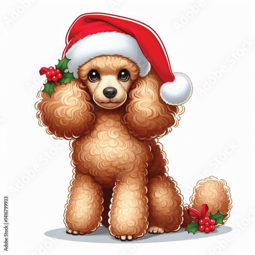 Cute Christmas Santa hat cartoon Toy Poodle dog vector illustration isolated