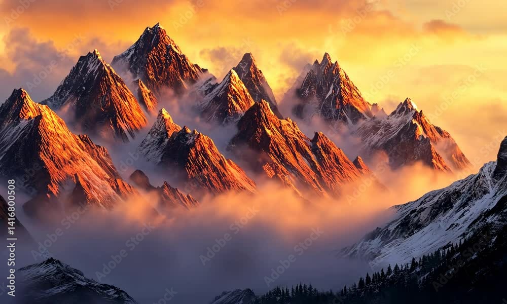 majestic mountain range covered in mist, golden sunrise illuminating the peaks