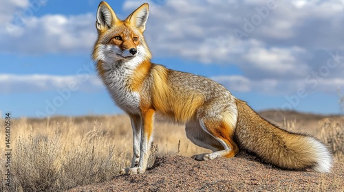 Solitary Swift Fox Posing Gracefully in the Vast Prairie Landscape Under a Bright Blue Sky, Embarking on a Journey of Discovery in Nature