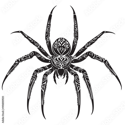 Stylish black and white tribal style spider. The spider is in the middle of a white background generate AI