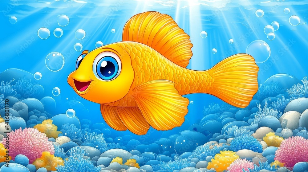 Fototapeta premium Playful cartoon golden fish swimming through a sunlit ocean surrounded by colorful coral reefs and bubbles creating a whimsical underwater scene
