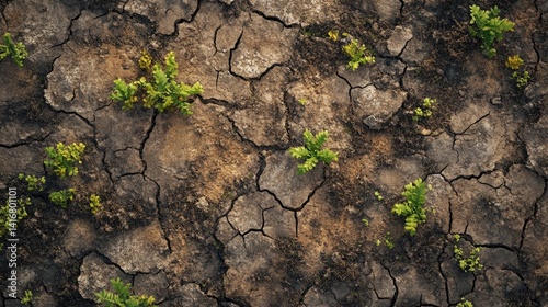 Resilience, Green Shoots Emerging from Arid Cracked Earth Texture