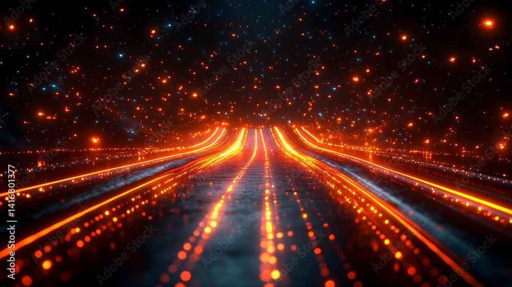 Obraz premium Futuristic highway of orange light streaks through a starlit night sky.