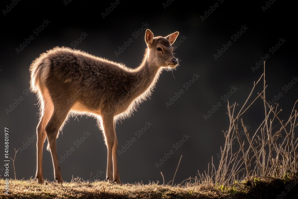 A golden-lit deer stands gracefully against a dark backdrop, its fur illuminated by a warm glow amidst dry grasses A golden-lit deer stands gracefully against a dark backdrop, its fur illuminated by a warm glow amidst dry grasses