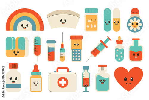 A cute and colorful set of flat illustrations featuring medical supplies and symbols with friendly faces, including a first aid kit, syringe, pills, and heart.