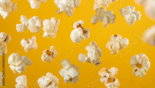 弾けるポップコーン、黄色の背景