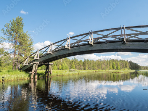 Wooden walking bridge at hiking route over river in national park