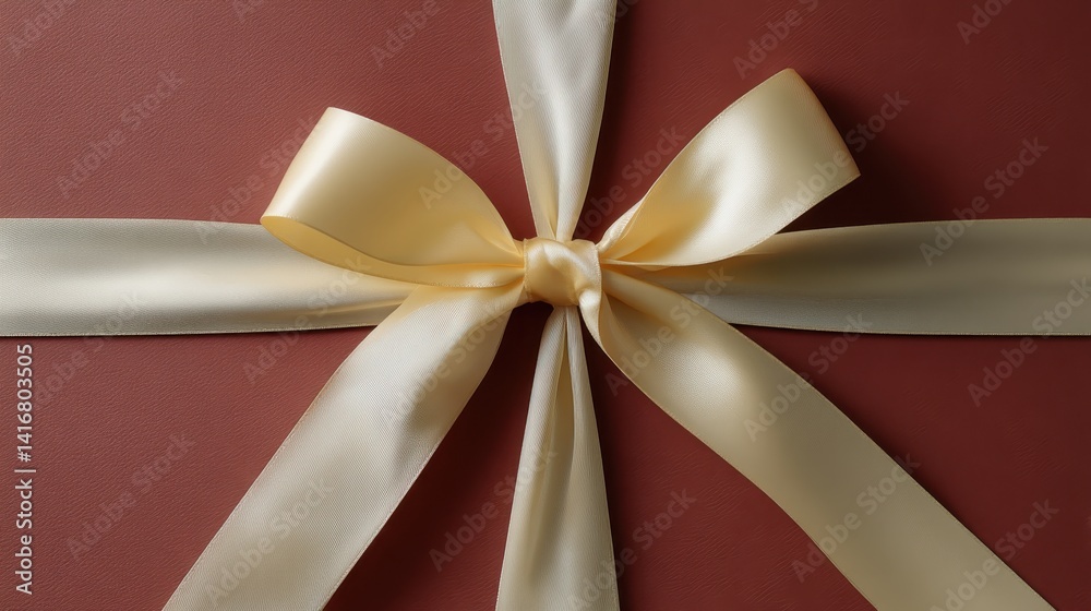 Fototapeta premium Elegant golden ribbon neatly tied into a bow atop a rich, dark maroon background. A classic gift presentation