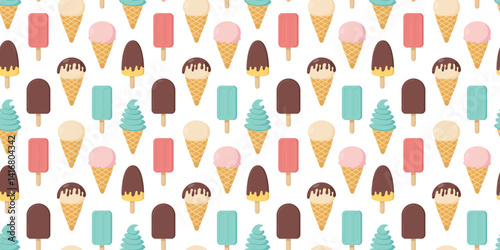 Seamless pattern with different ice cream. Sweet summer treats. Flat style design for fabric, wallpaper, cards, posters. Vector illustration