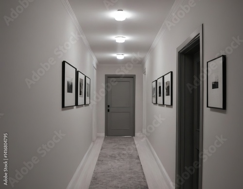 A serene, modern hallway showcasing minimalist decor and soft lighting.
