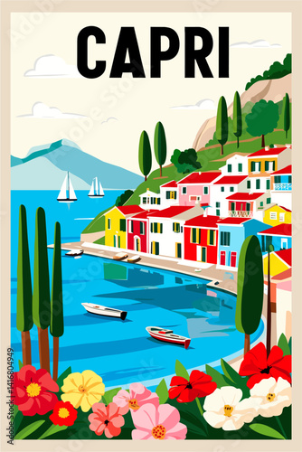 Capri, Italy travel destination poster in retro style. Colorful vector art illustration