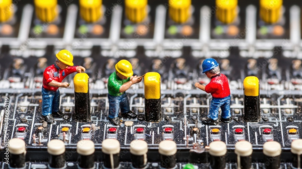 Fototapeta premium Tiny technicians meticulously work on a complex circuit board.