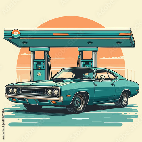 Car gas station in retro style. Classic car with gas station. EPS 10 version.