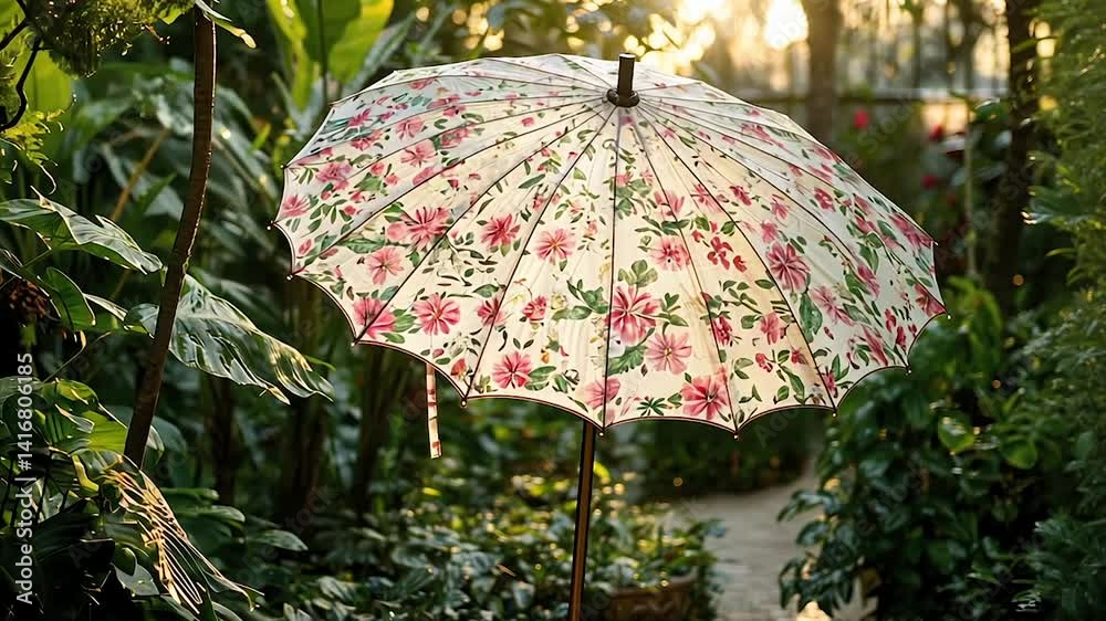 Floral garden parasol in lush greenery