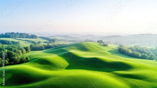 Rolling green hills bathed in morning light