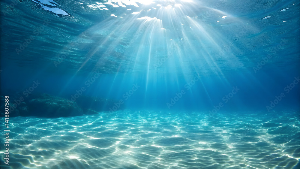 Fototapeta premium Crystal Clear Ocean Underwater Scene with Sun Rays Illuminating the Seabed
