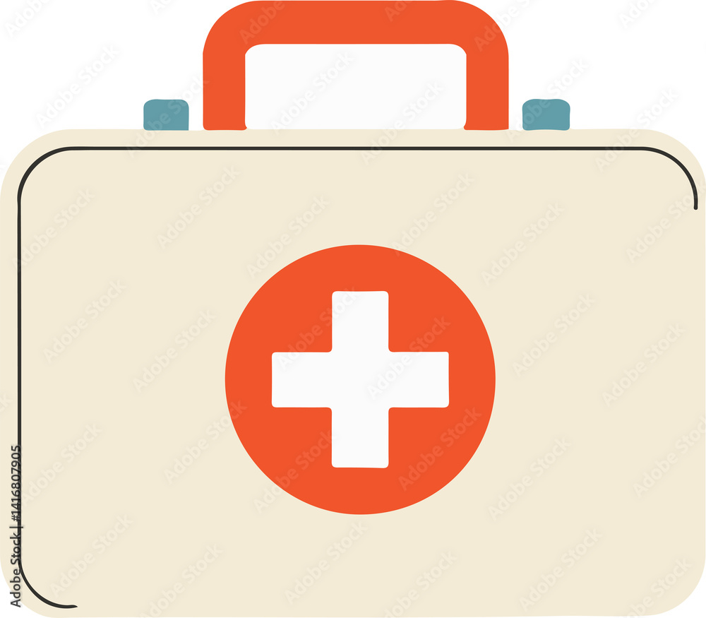 Fototapeta premium A simple, flat illustration of a cream-colored first aid kit with an orange handle and latches, featuring a prominent white cross inside an orange circle.