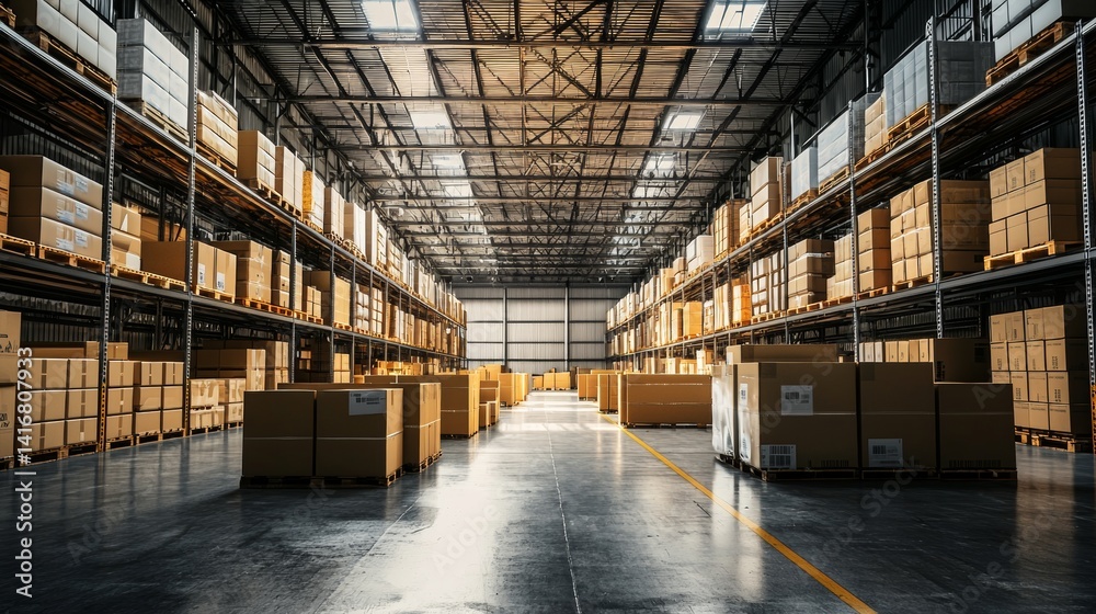 Empty warehouse with high ceilings and organized shelves Empty warehouse with high ceilings and organized shelves