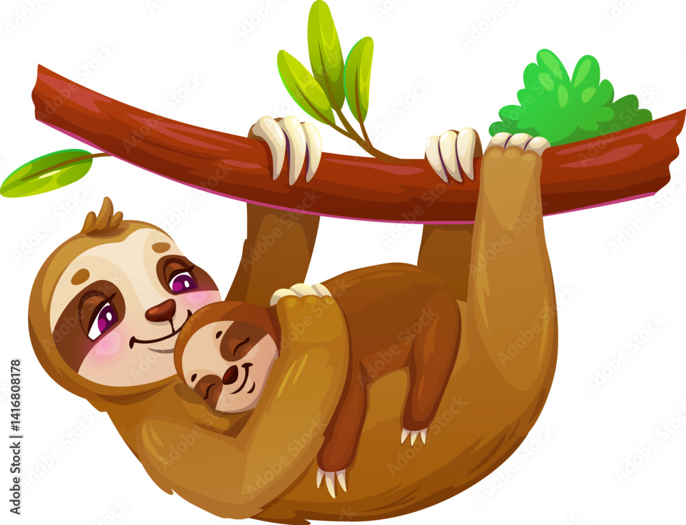 Fototapeta premium Cartoon sloth mother with baby kid hanging on tree, vector cute lazy animal character. Mother sloth hugging kid sloth sleeping in embraces napping or snoozing on tree branch with happy muzzle face