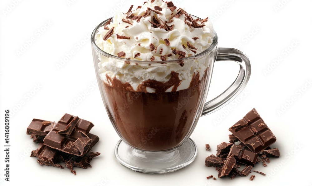 Hot chocolate with whipped cream and chocolate pieces, drink, beverage, studio shot, food photography, for menus or websites Hot chocolate with whipped cream and chocolate pieces, drink, beverage, studio shot, food photography, for menus or websites