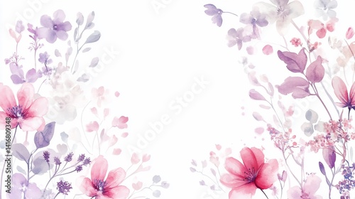 Watercolor floral design with pink and purple flowers and foliage on white background