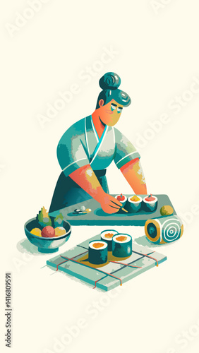 A person making a sushi roll watercolor image. Flat style. Vector illustration.