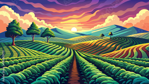 Rows of tea like velvet waves,
Stretching under skies so wide,
A breeze moves gently through the fields,
Where peace and beauty softly hide.


