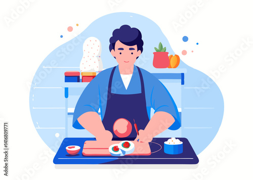 A person making a sushi roll image. Cartoon style. Vector illustration.