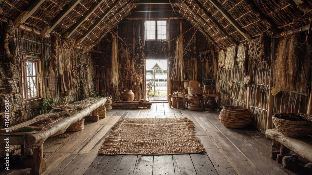 Rustic interior of a traditional thatched-roof dwelling. Rustic interior of a traditional thatched-roof dwelling.