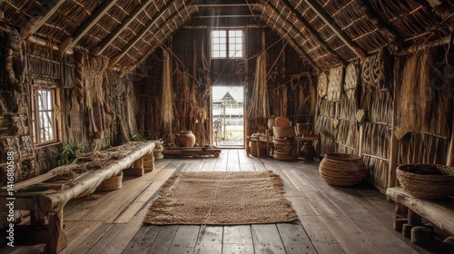 Rustic interior of a traditional thatched-roof dwelling.