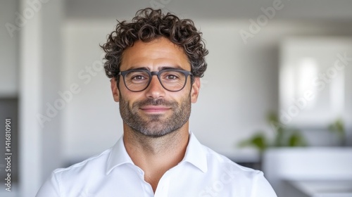 Mid-adult man with curly hair and glasses